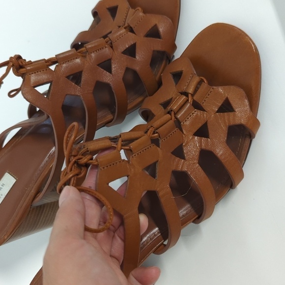 Cole Haan Lace Up Leather Block Heel Sandals Brown 11B summer bohemian preppy - Picture 2 of 9